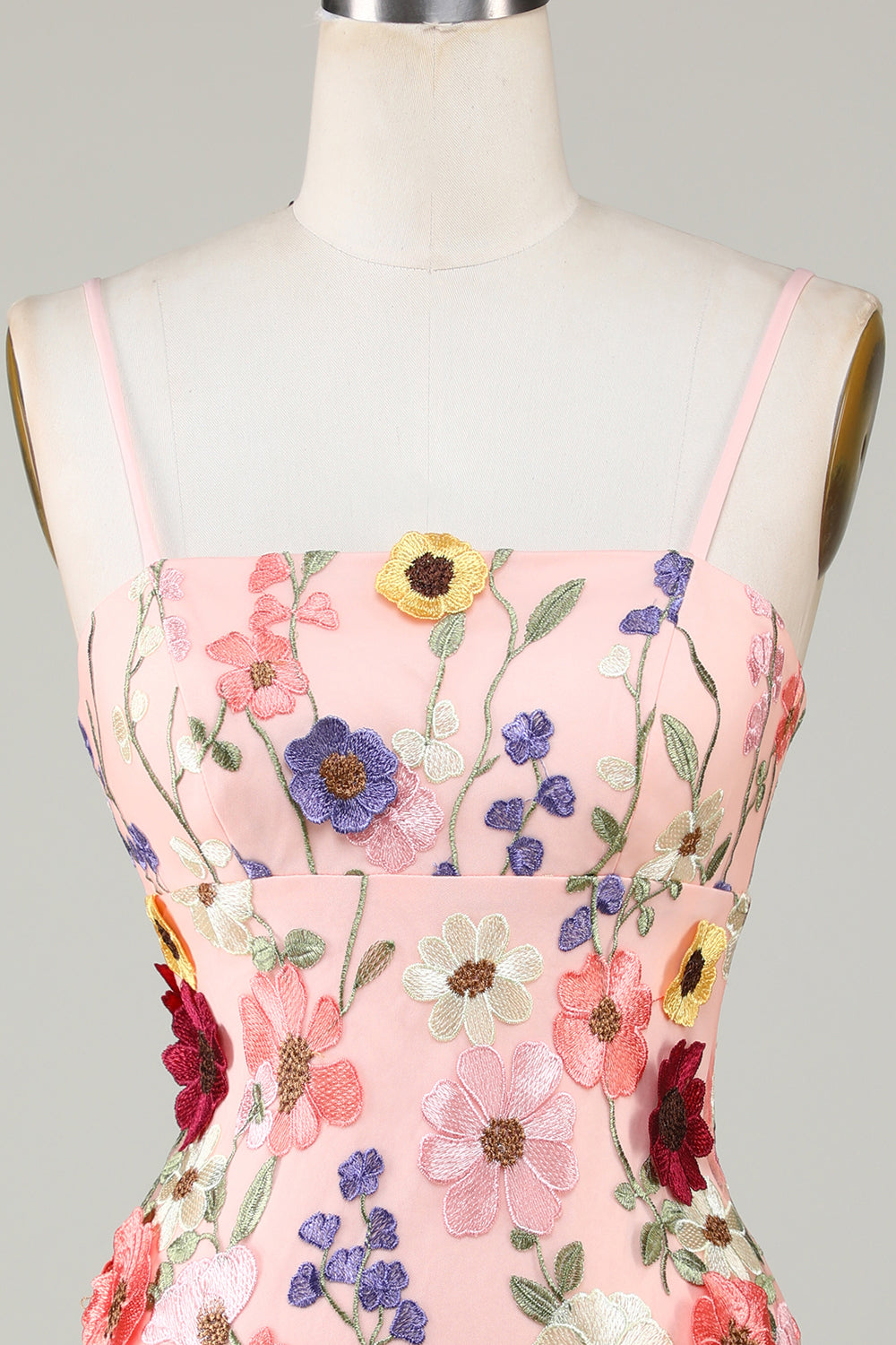 Robe de graduation fourreau blush à fines bretelles et fleurs 3D