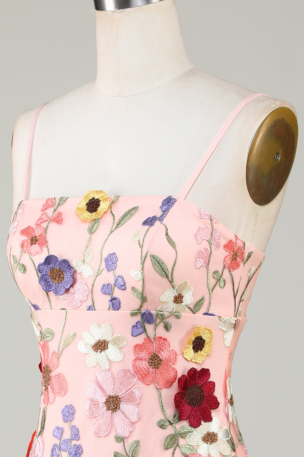 Robe de graduation fourreau blush à fines bretelles et fleurs 3D
