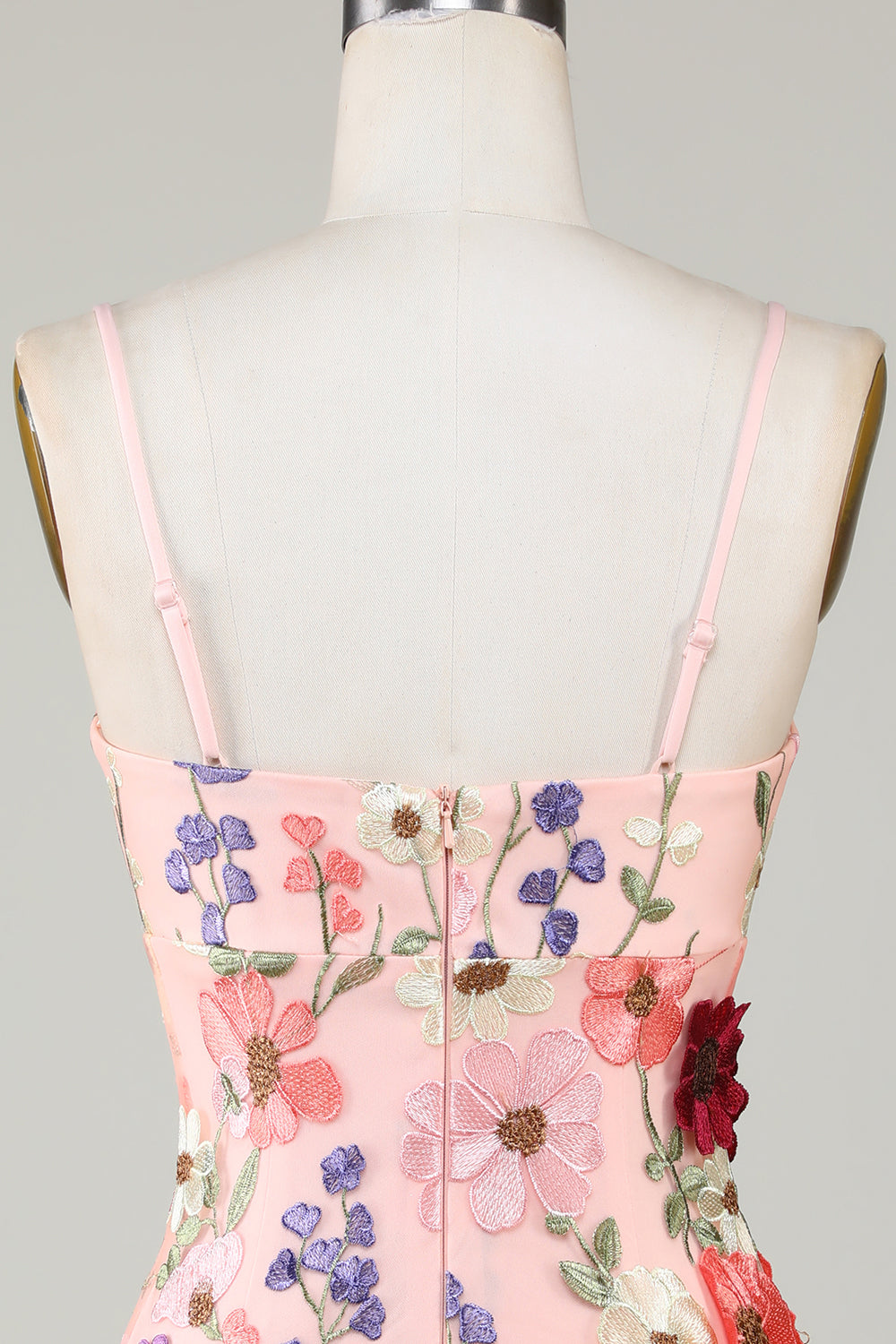 Robe de graduation fourreau blush à fines bretelles et fleurs 3D
