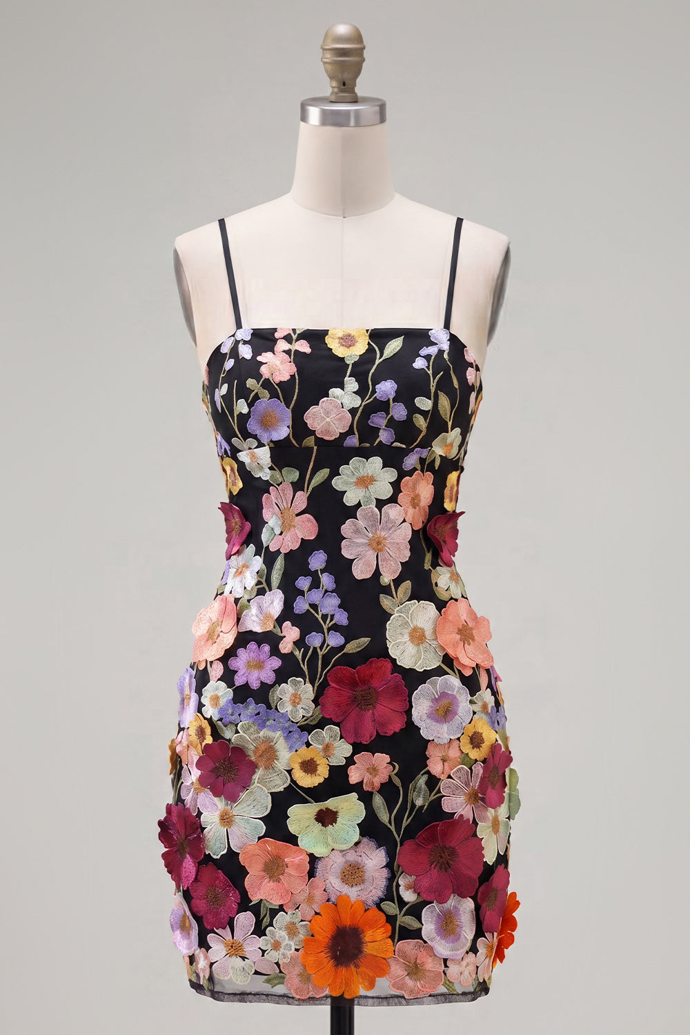 Black Spaghetti Straps Sheath Graduation Dress with 3D Flowers