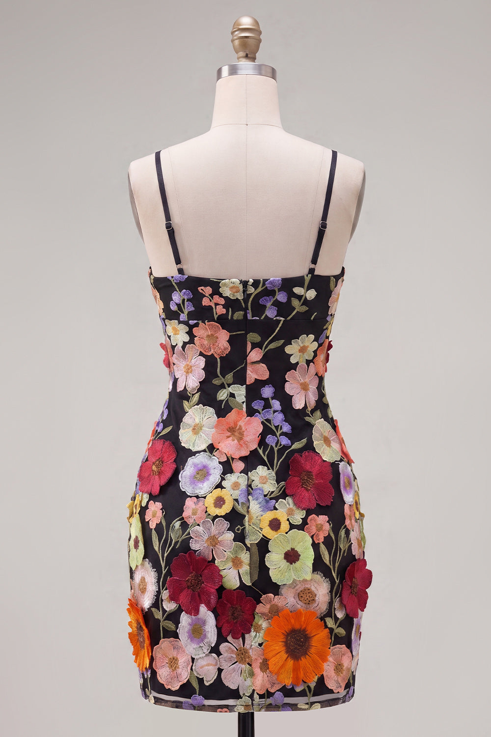 Black Spaghetti Straps Sheath Graduation Dress with 3D Flowers