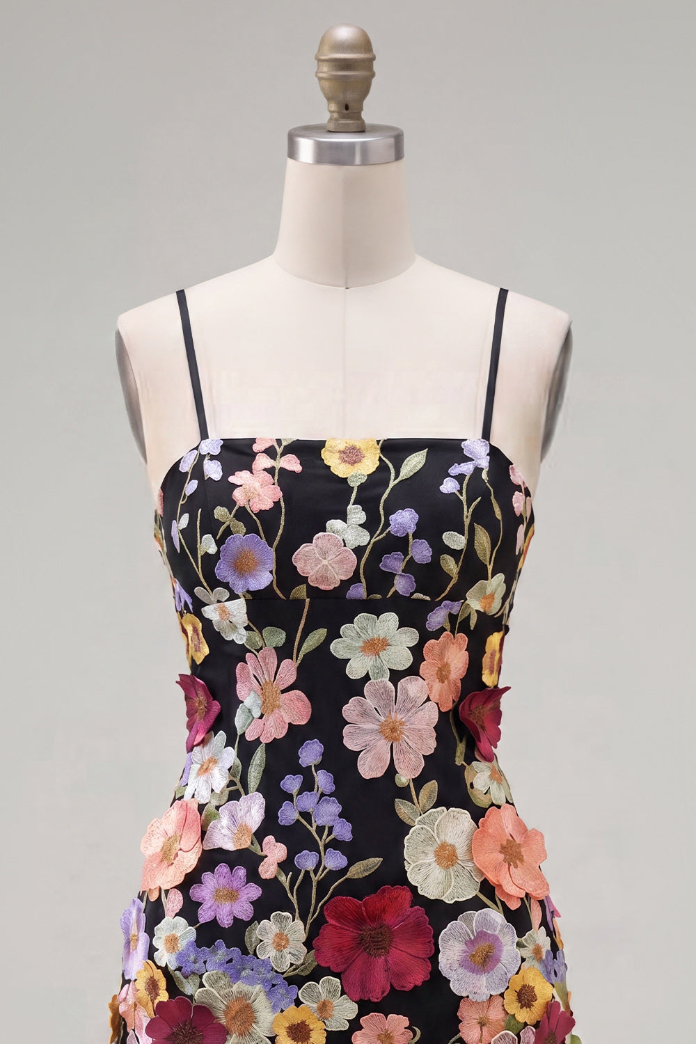 Black Spaghetti Straps Sheath Graduation Dress with 3D Flowers