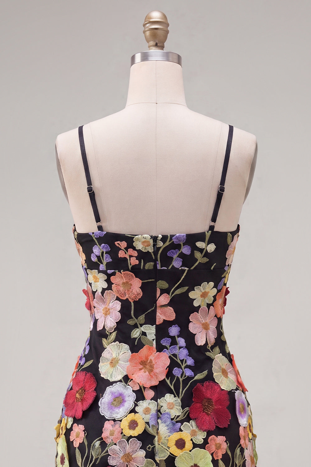 Black Spaghetti Straps Sheath Graduation Dress with 3D Flowers