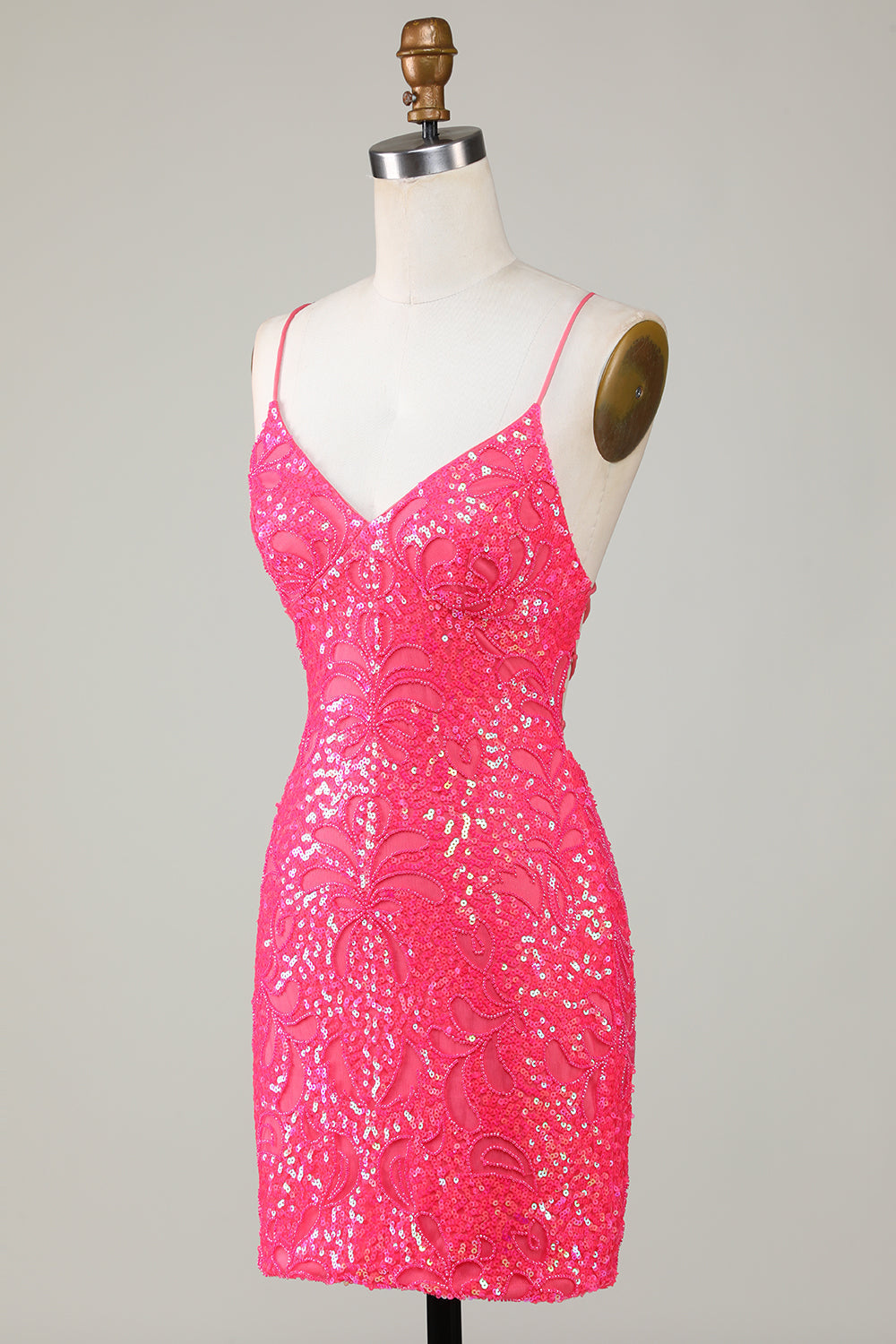 Robe courte moulante de bal de fin d'année, ornée de perles, couleur fuchsia scintillante