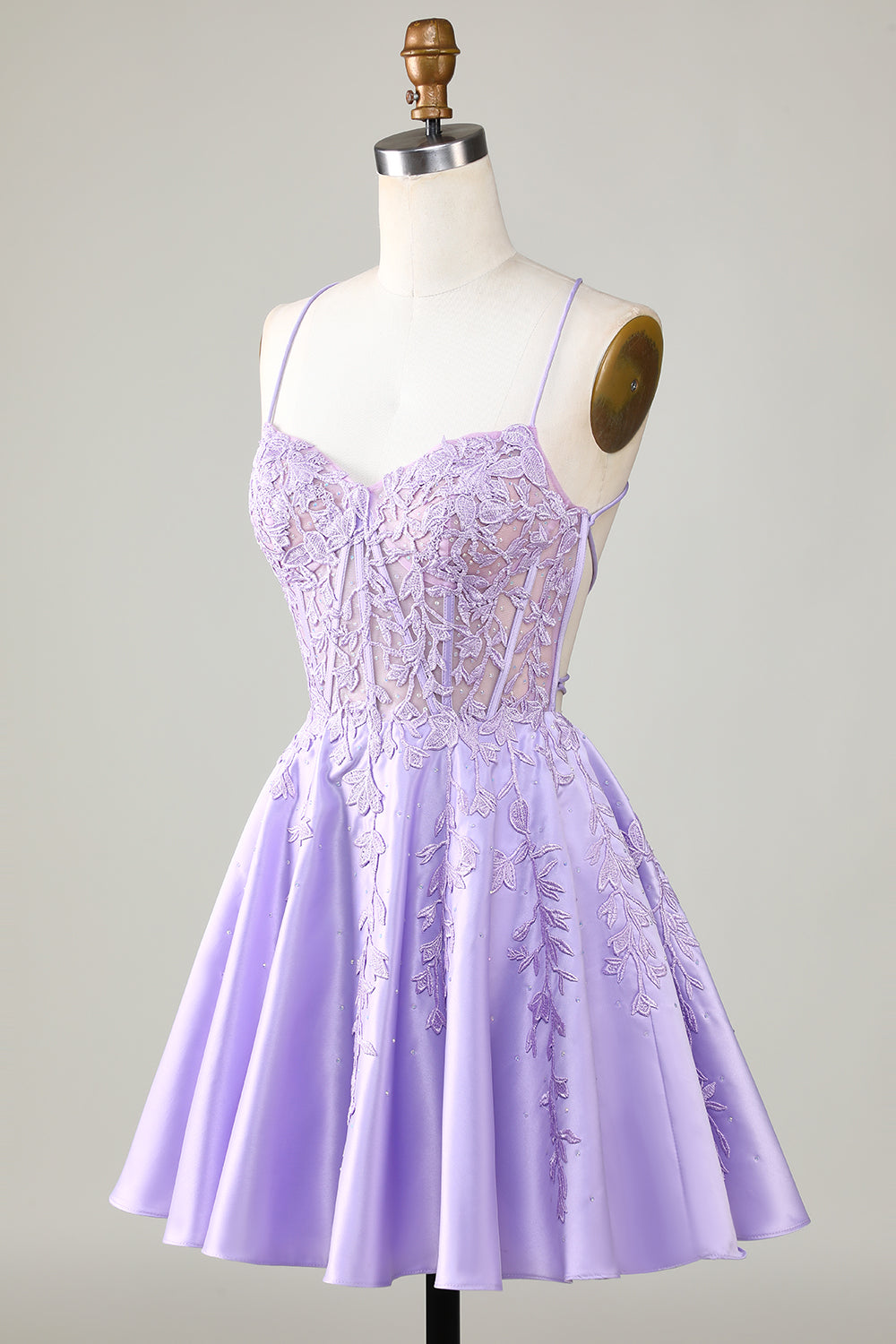 Robe de bal de fin d'études courte en satin ligne A, corset violet, avec dentelle