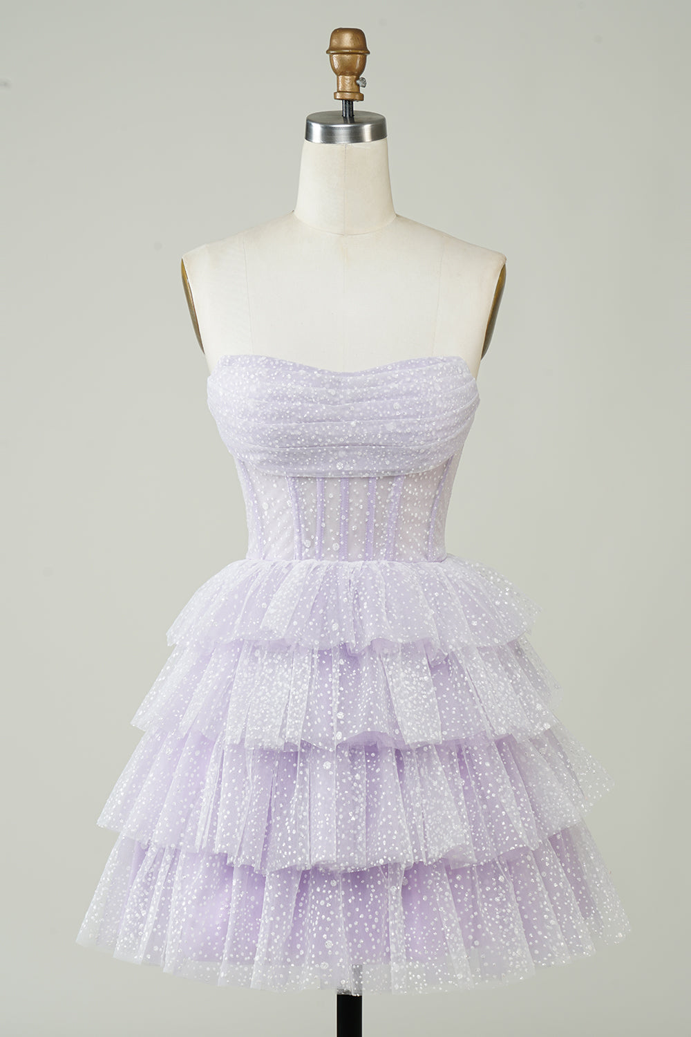 Robe de bal courte à corset superposée violet scintillant