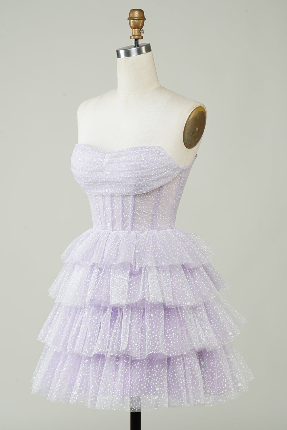 Robe de bal courte à corset superposée violet scintillant