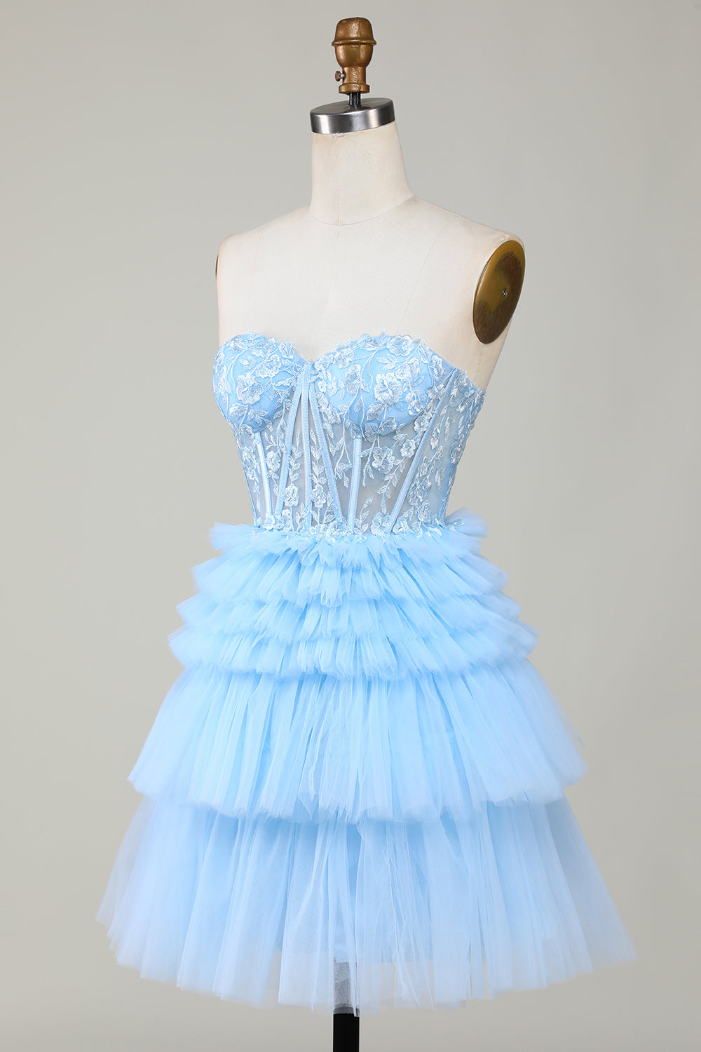 Mignonne robe de bal courte bleue en corset ligne A cœur avec volants