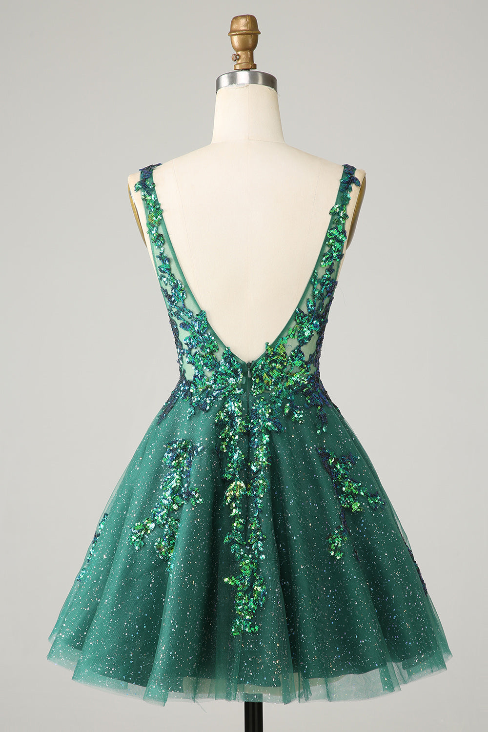 Robe de cocktail courte en fuchsia à sequins, décolleté en V et dos nu