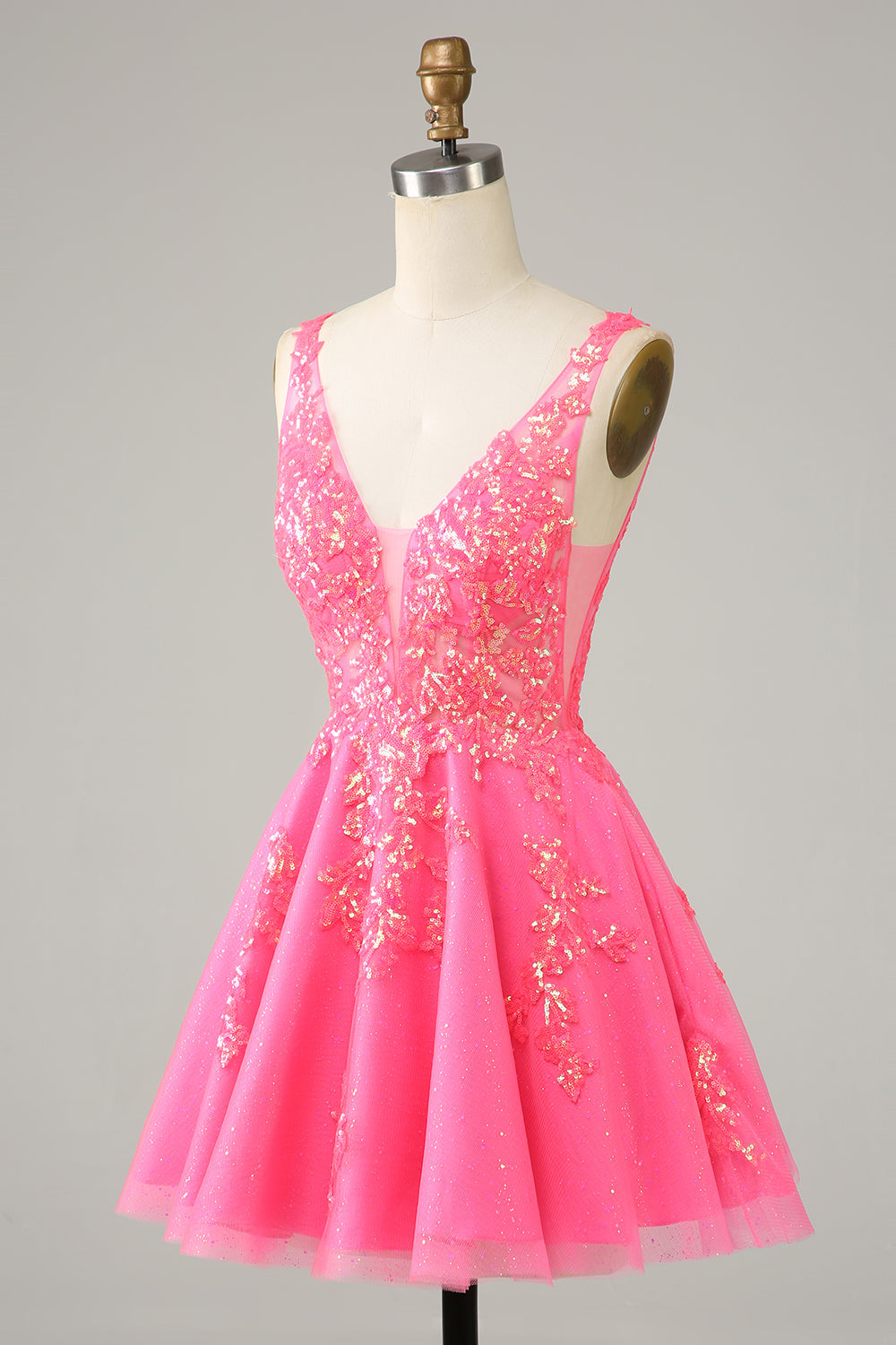 Robe de cocktail courte en fuchsia à sequins, décolleté en V et dos nu