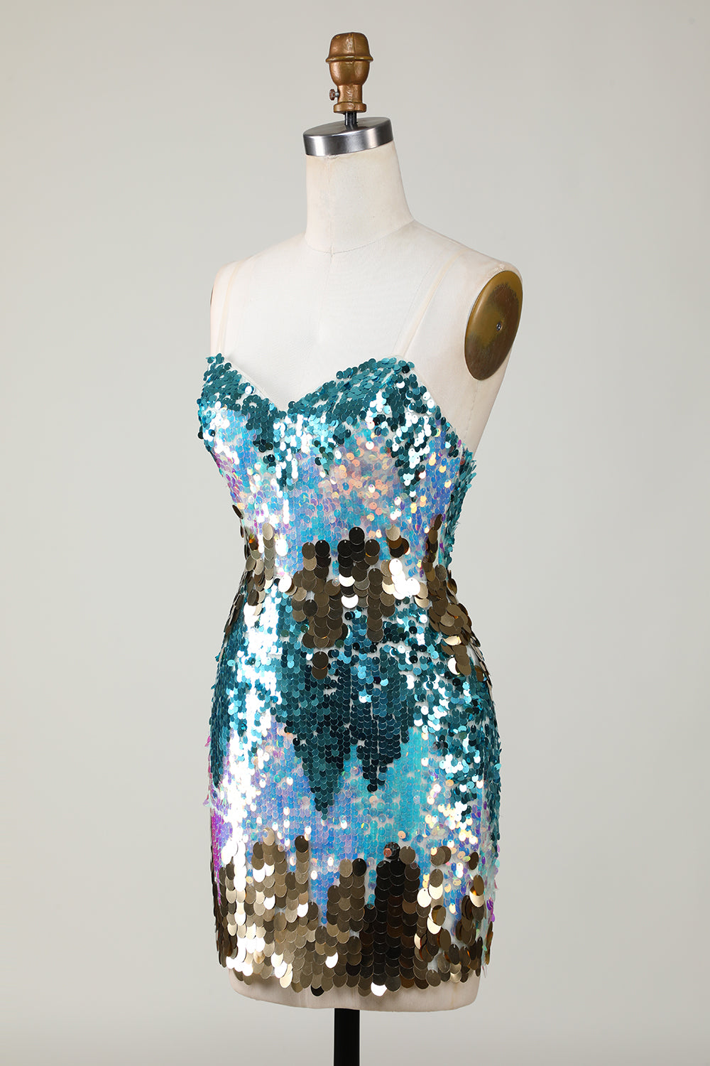 Robe de bal courte moulante en sequins bleus scintillants