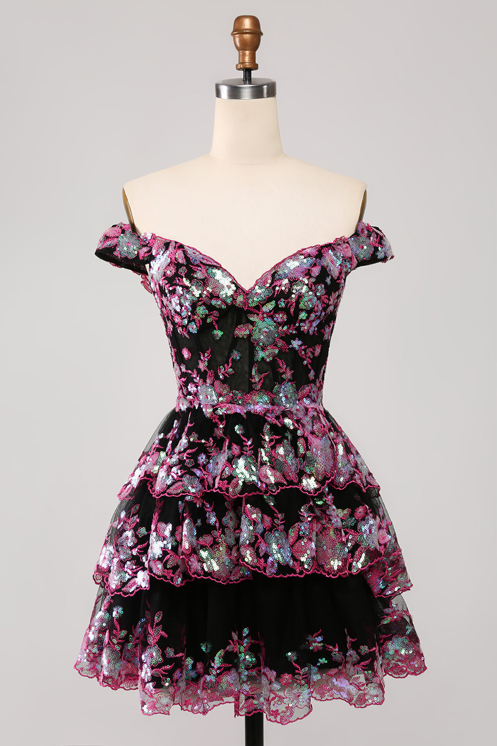 Cute Sparkly Hot Pink A-Line Tiered Corset Lace Short Homecoming Dress