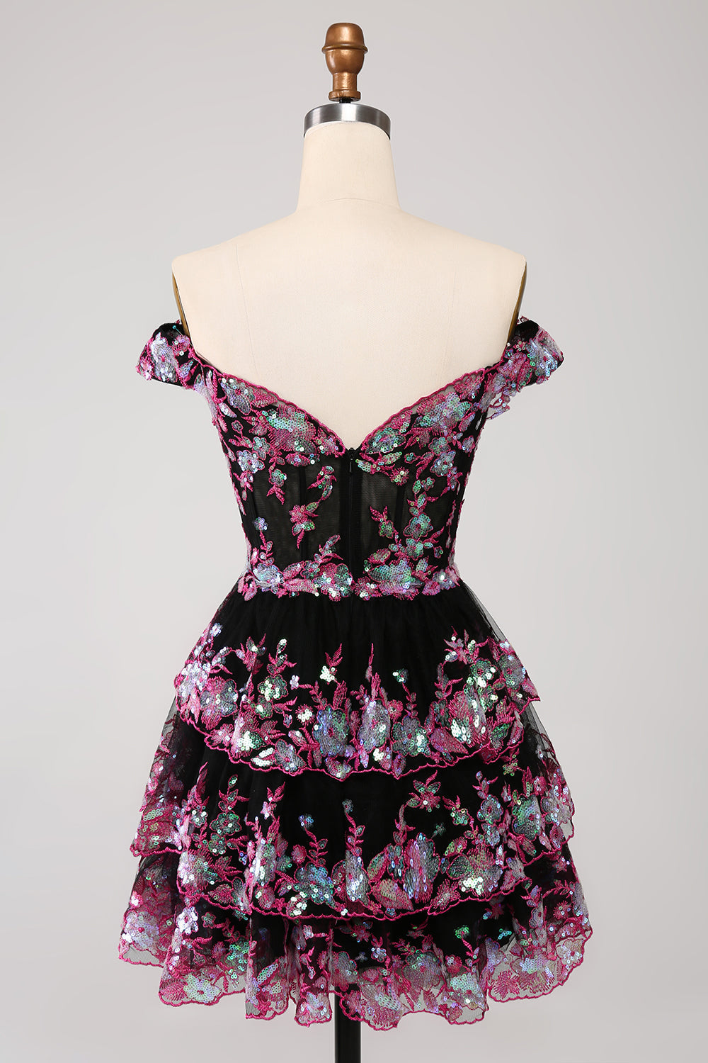 Cute Sparkly Hot Pink A-Line Tiered Corset Lace Short Homecoming Dress