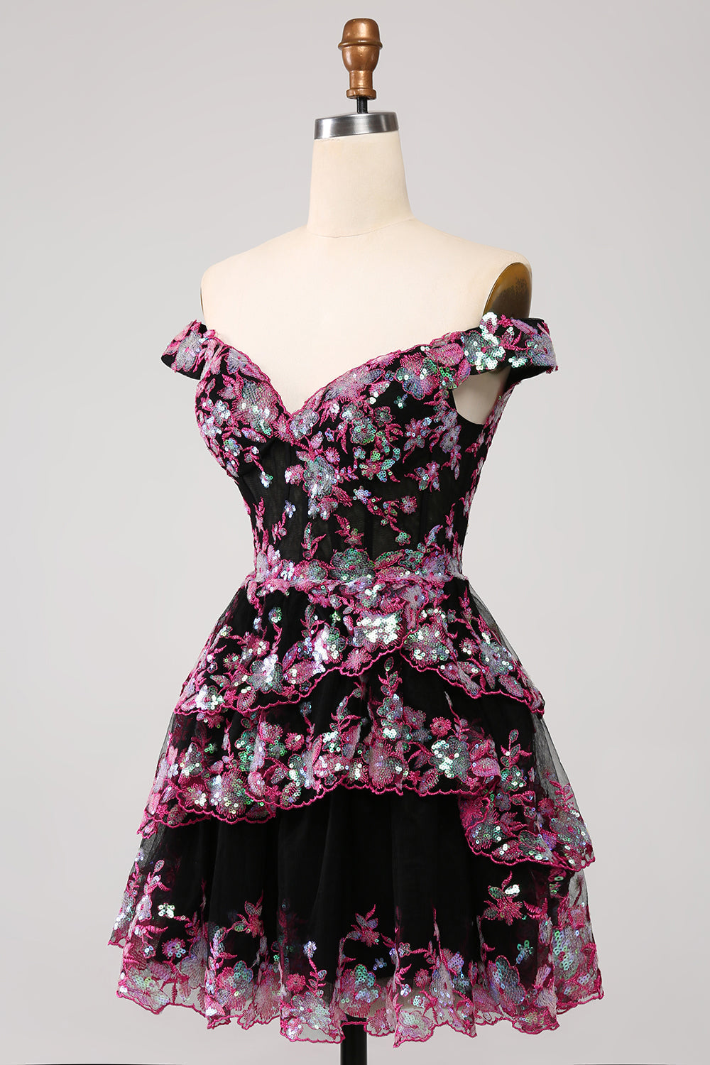 Cute Sparkly Hot Pink A-Line Tiered Corset Lace Short Homecoming Dress