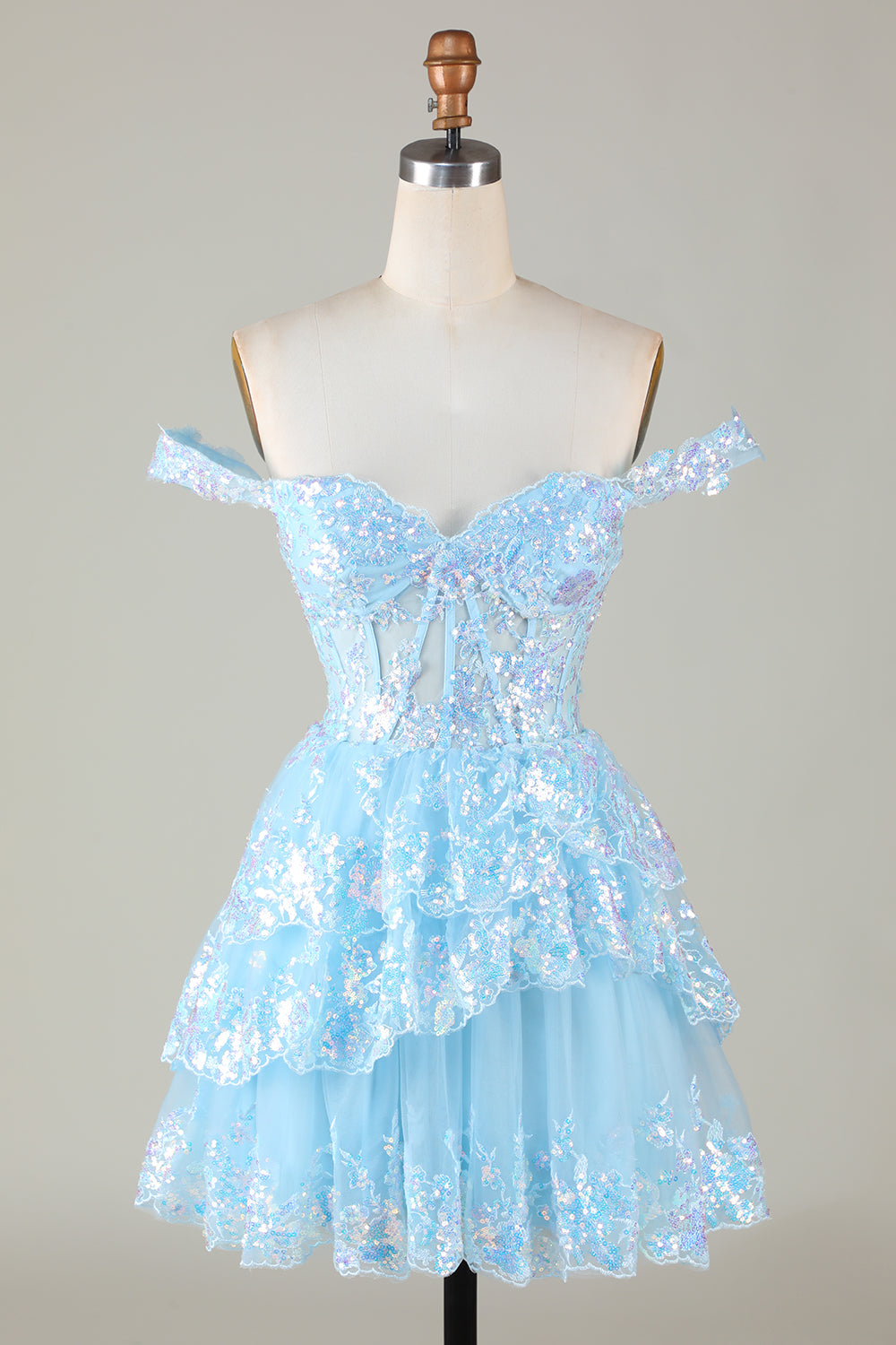 Robe de soirée courte trapèze avec corset rouge scintillant en dentelle à plusieurs niveaux