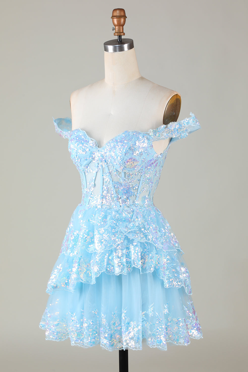 Robe de soirée courte trapèze avec corset rouge scintillant en dentelle à plusieurs niveaux
