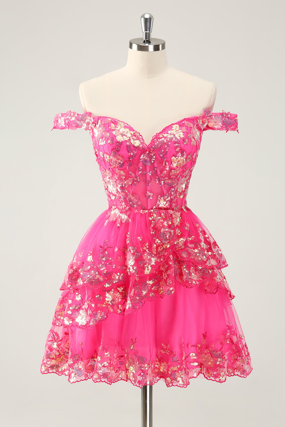 Cute Sparkly Hot Pink A-Line Tiered Corset Lace Short Homecoming Dress