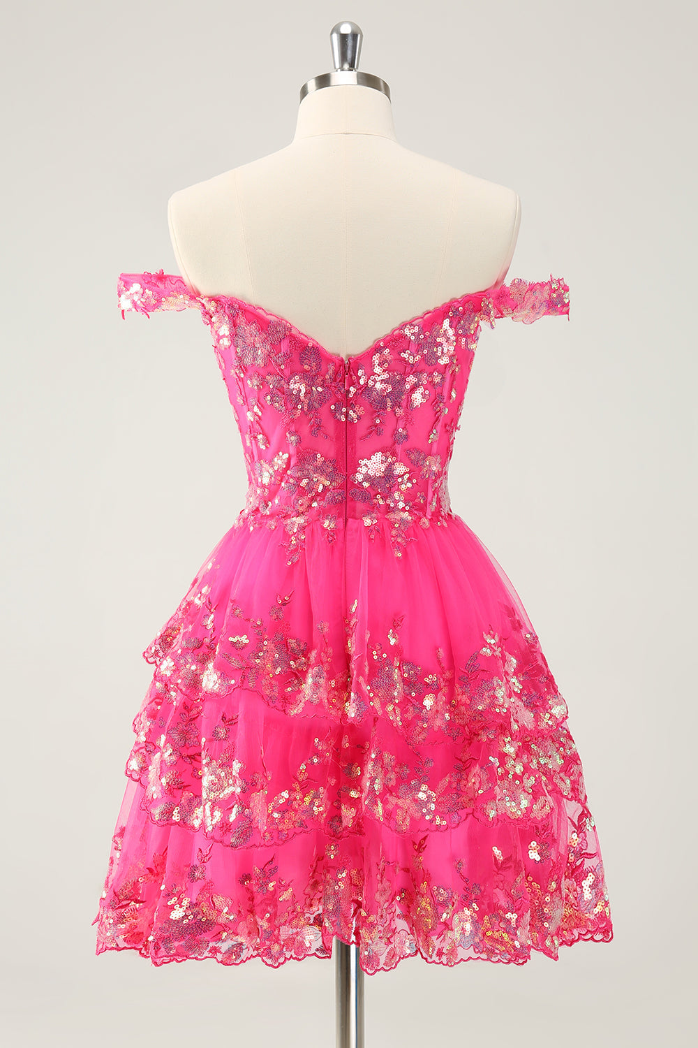 Cute Sparkly Hot Pink A-Line Tiered Corset Lace Short Homecoming Dress