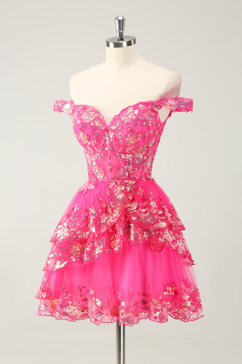 Cute Sparkly Hot Pink A-Line Tiered Corset Lace Short Homecoming Dress