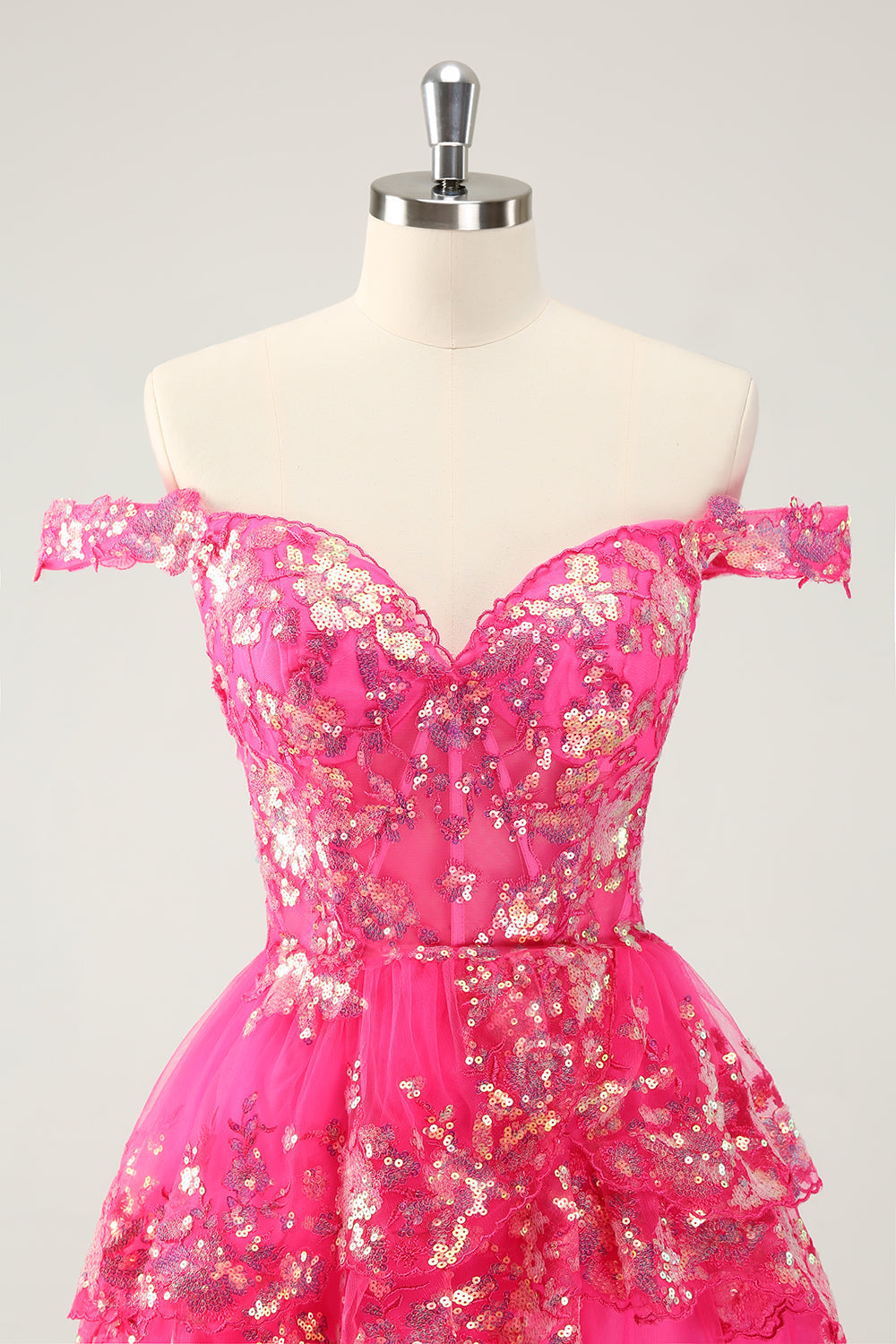 Cute Sparkly Hot Pink A-Line Tiered Corset Lace Short Homecoming Dress