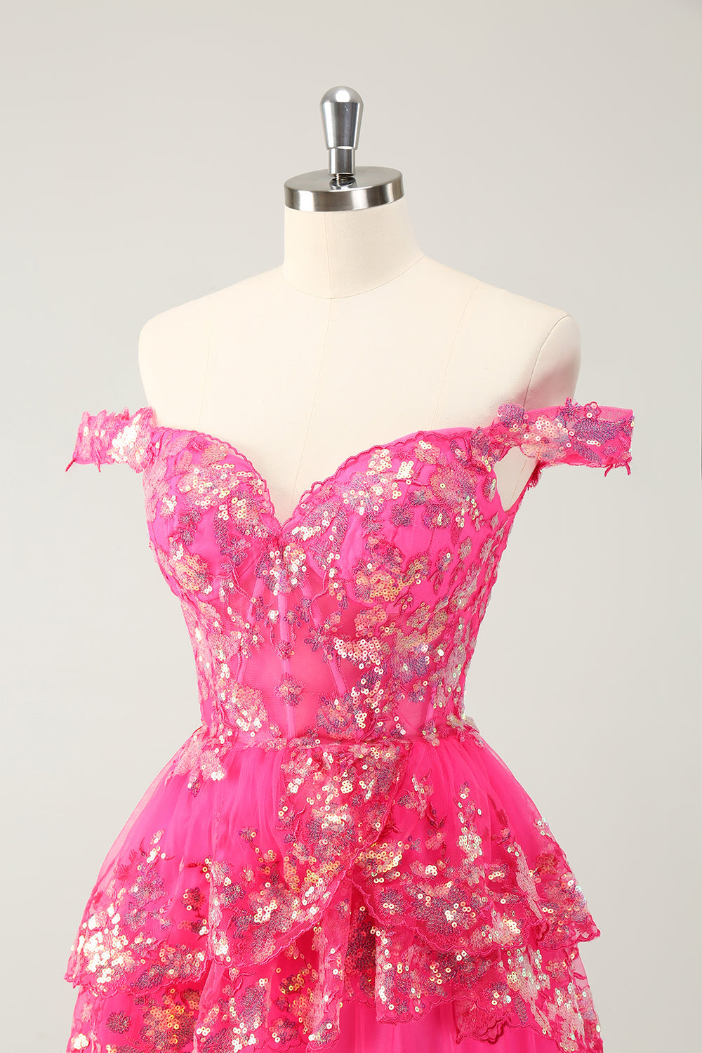 Cute Sparkly Hot Pink A-Line Tiered Corset Lace Short Homecoming Dress