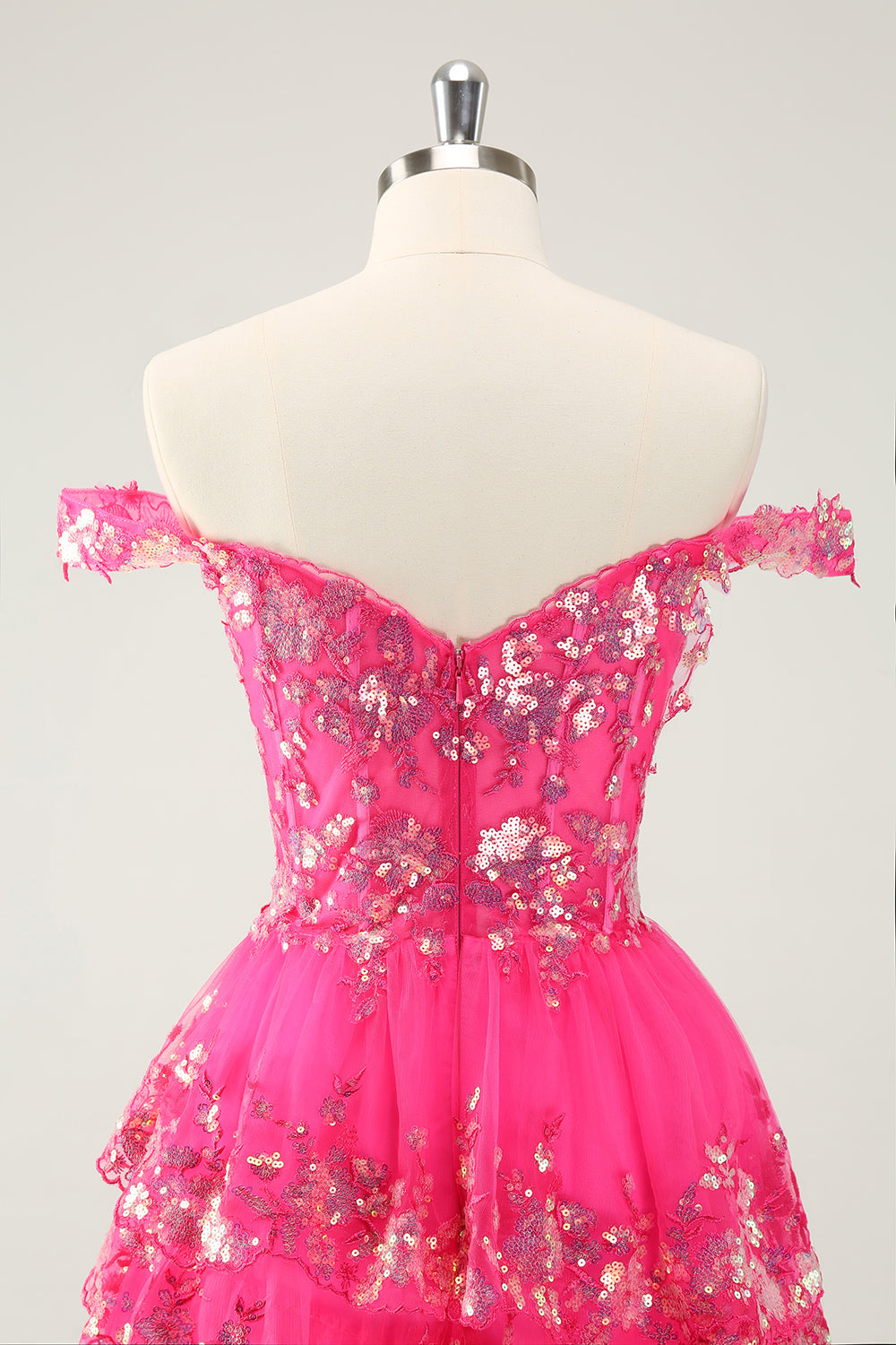 Cute Sparkly Hot Pink A-Line Tiered Corset Lace Short Homecoming Dress