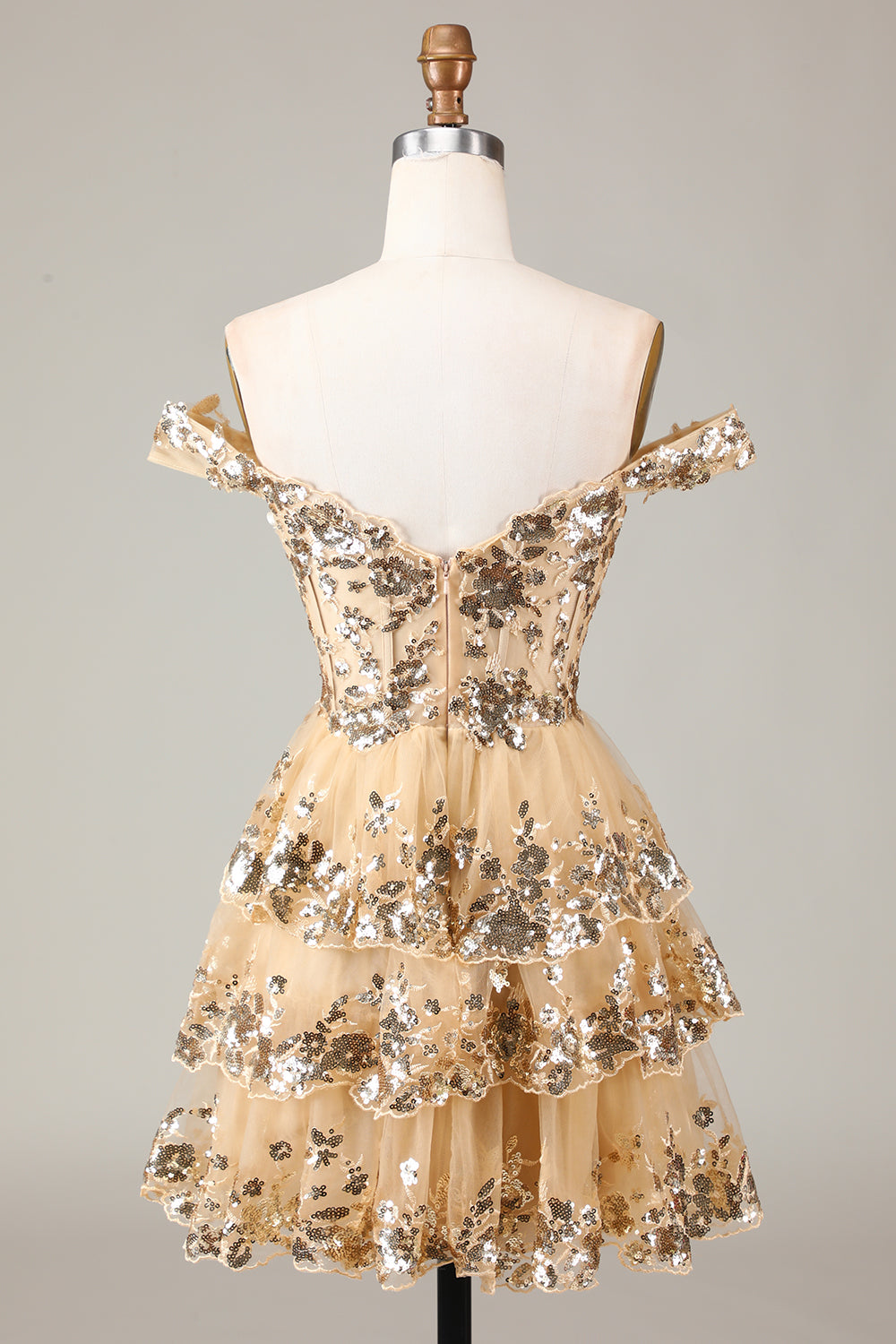 Robe de soirée courte trapèze avec corset rouge scintillant en dentelle à plusieurs niveaux