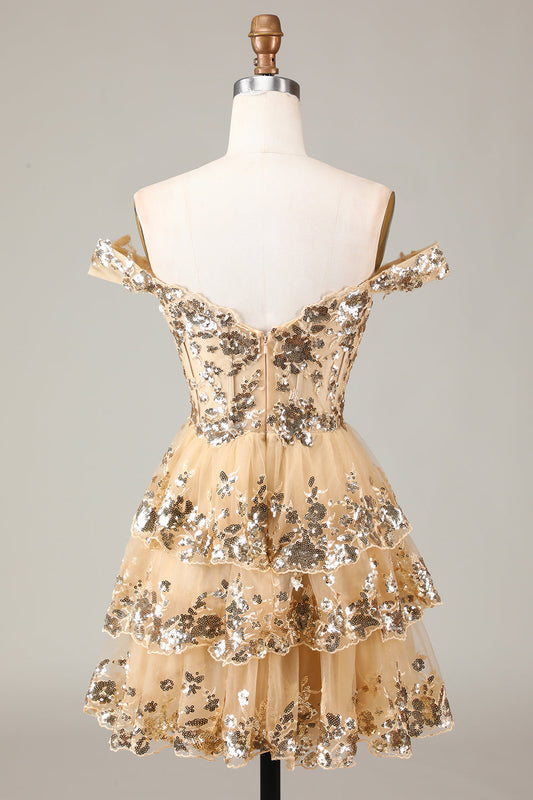 Golden Sparkly Corset Tiered Lace A-Line Short Graduation Dress