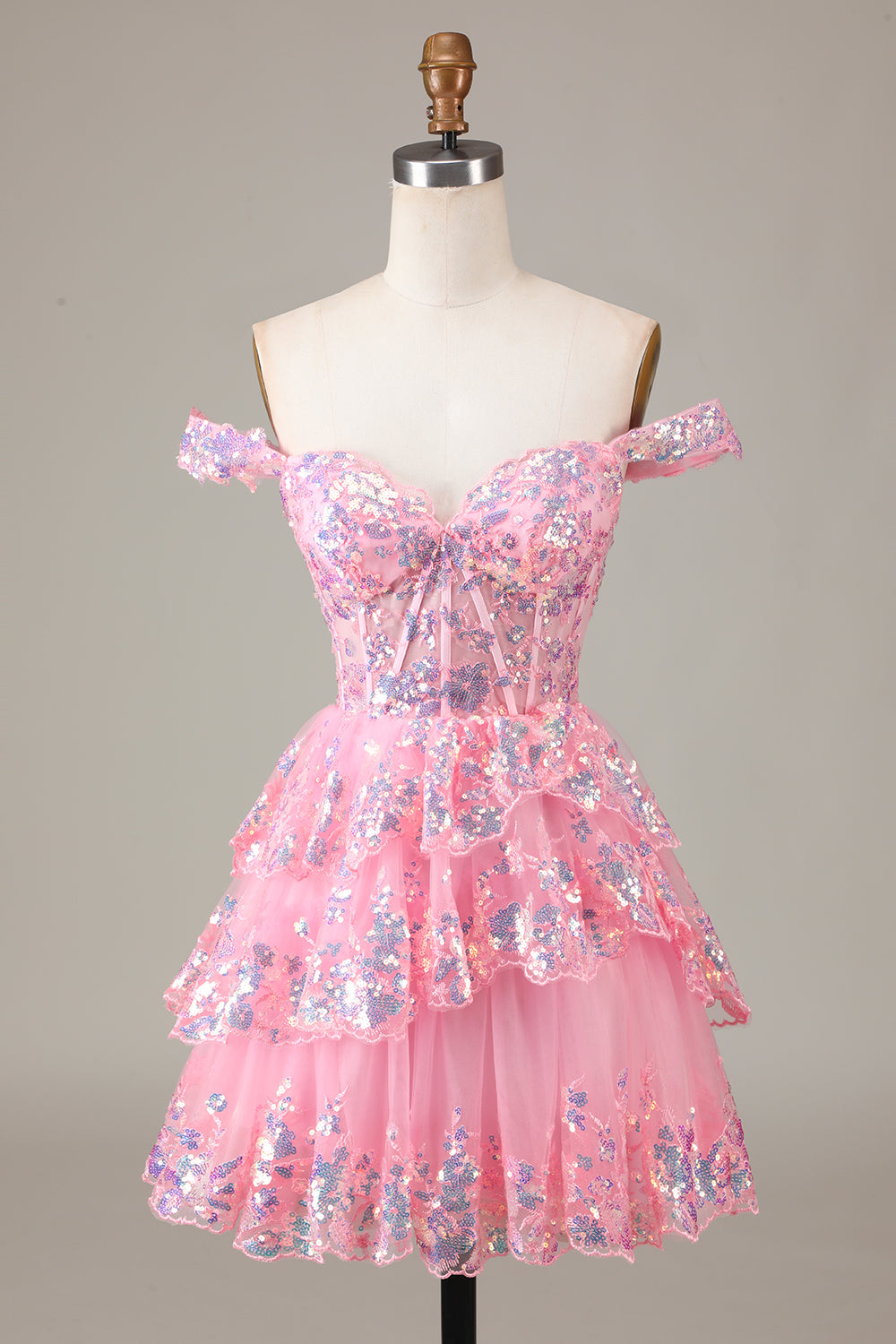 Robe de soirée courte trapèze avec corset rouge scintillant en dentelle à plusieurs niveaux