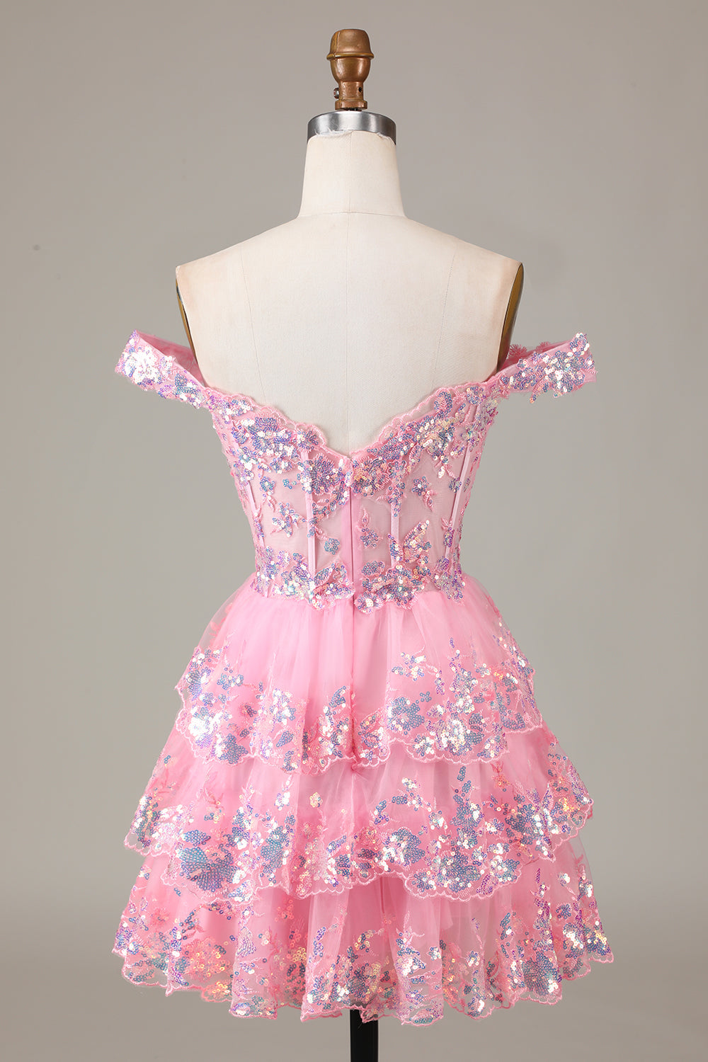 Cute Sparkly Hot Pink A-Line Tiered Corset Lace Short Homecoming Dress