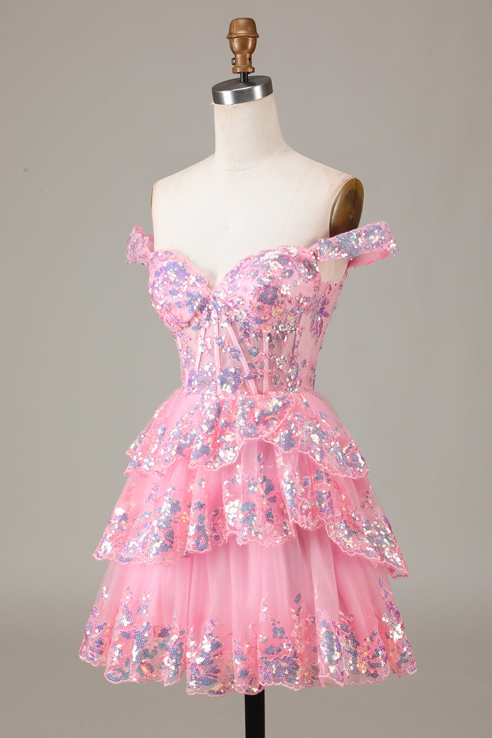 Robe de soirée courte trapèze avec corset rouge scintillant en dentelle à plusieurs niveaux