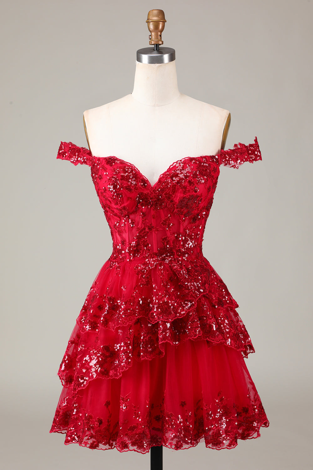Cute Sparkly Hot Pink A-Line Tiered Corset Lace Short Homecoming Dress