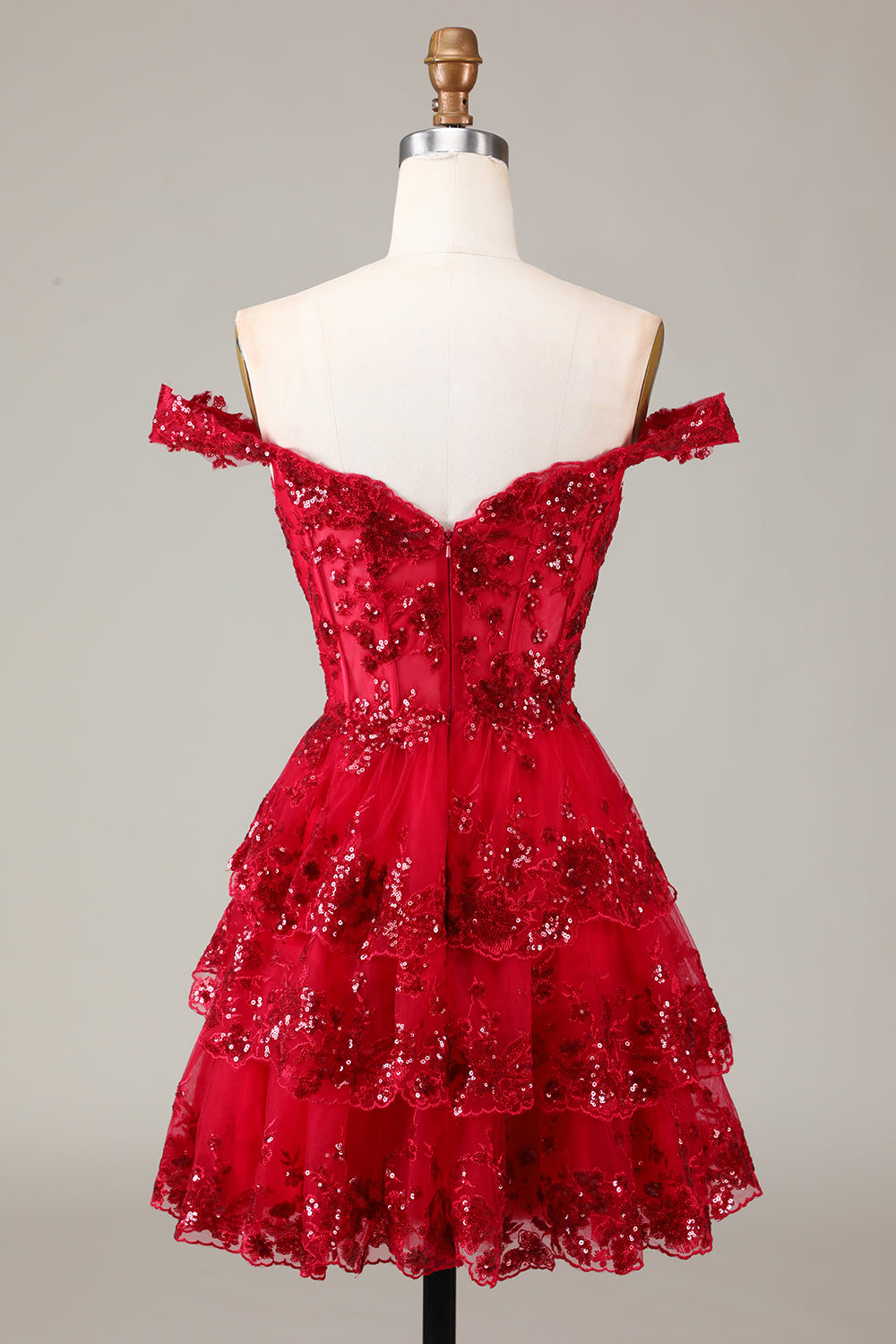 Robe de soirée courte trapèze avec corset rouge scintillant en dentelle à plusieurs niveaux