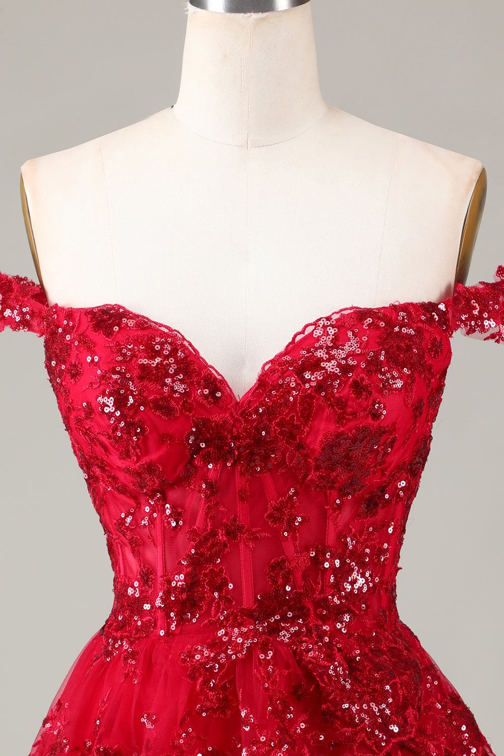 Robe de soirée courte trapèze avec corset rouge scintillant en dentelle à plusieurs niveaux