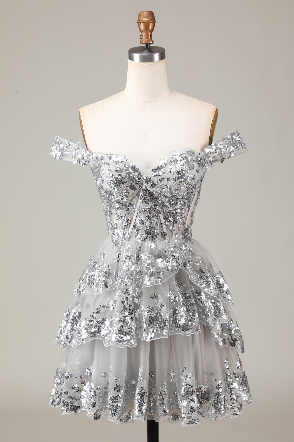 Robe de soirée courte trapèze avec corset rouge scintillant en dentelle à plusieurs niveaux