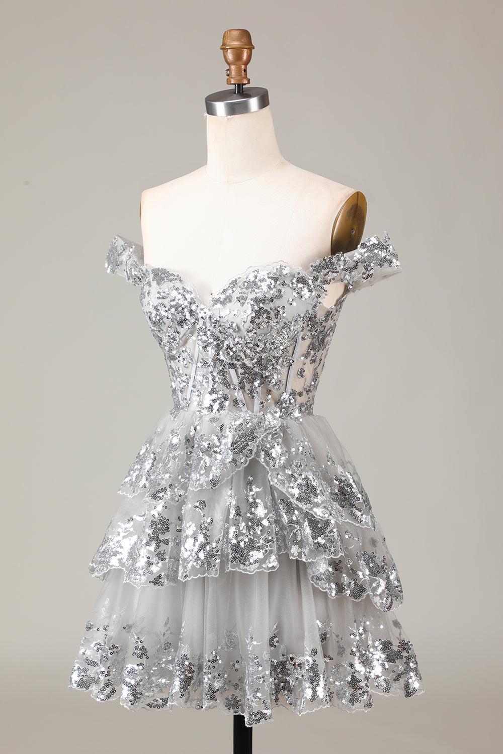 Robe de soirée courte trapèze avec corset rouge scintillant en dentelle à plusieurs niveaux