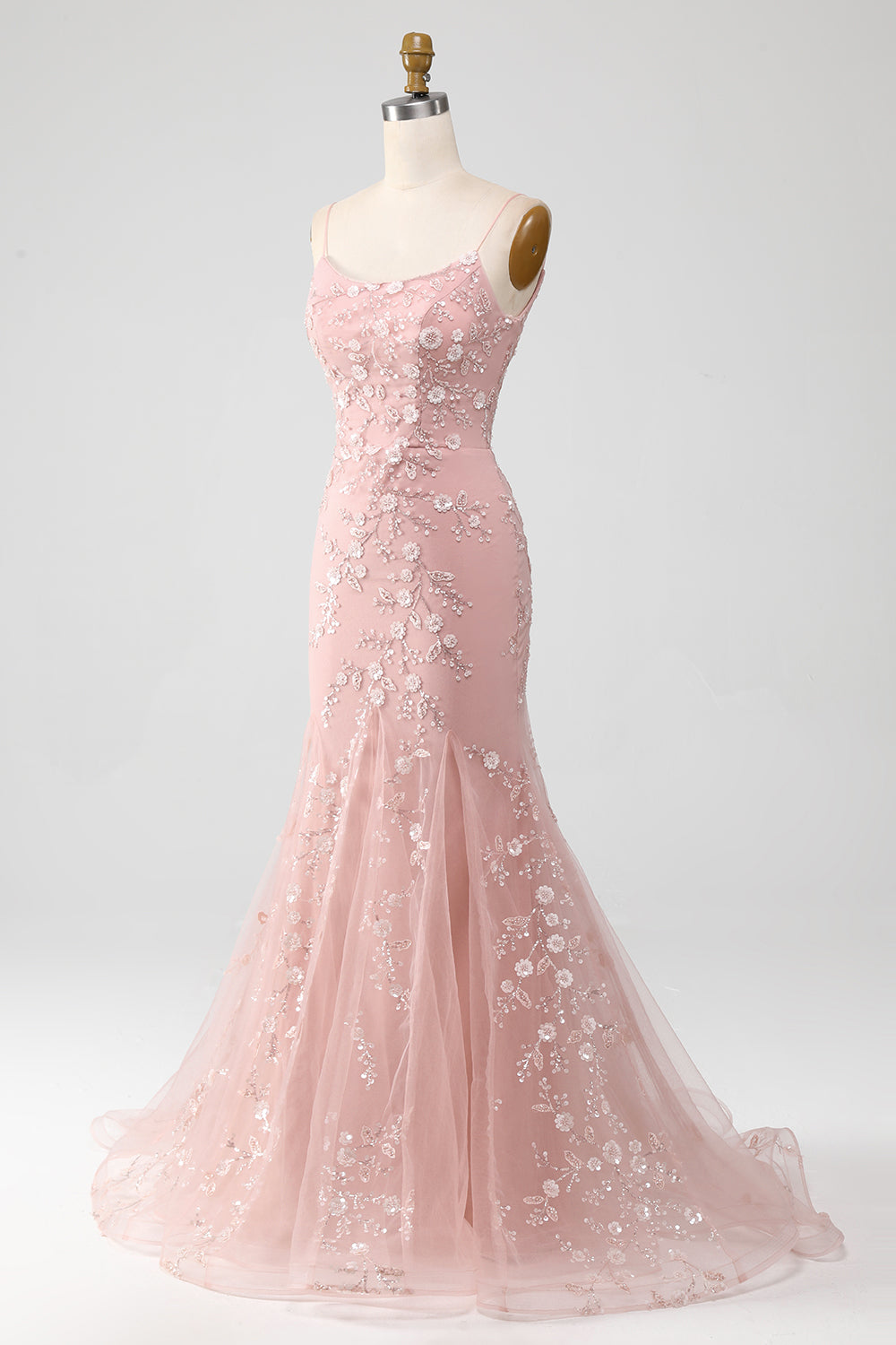 Robe de bal sirène rose pâle à fines bretelles et appliqués