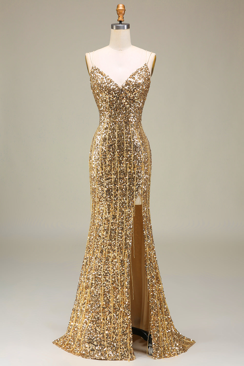Robe de bal longue sirène dorée scintillante avec fente