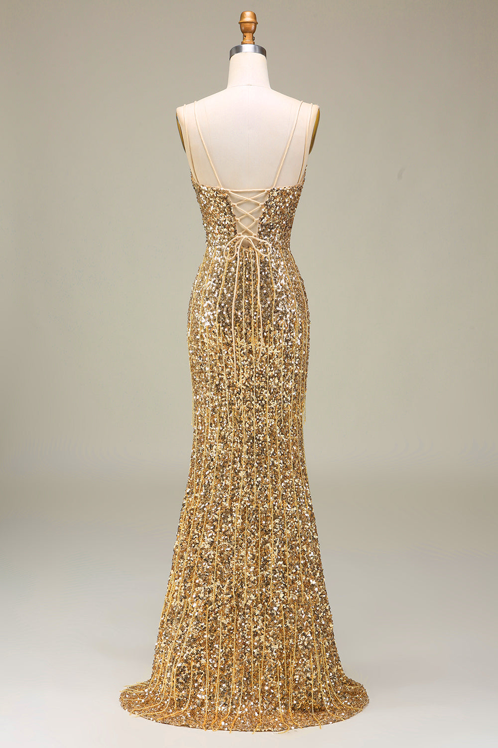 Robe de bal longue sirène dorée scintillante avec fente