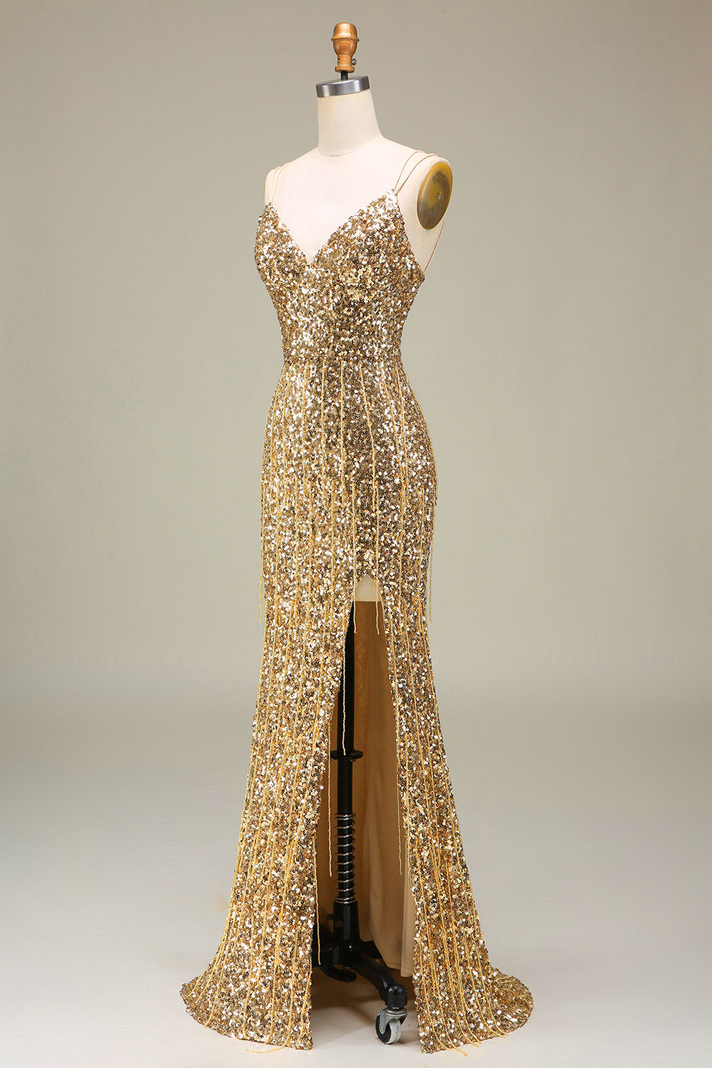 Robe de bal longue sirène dorée scintillante avec fente