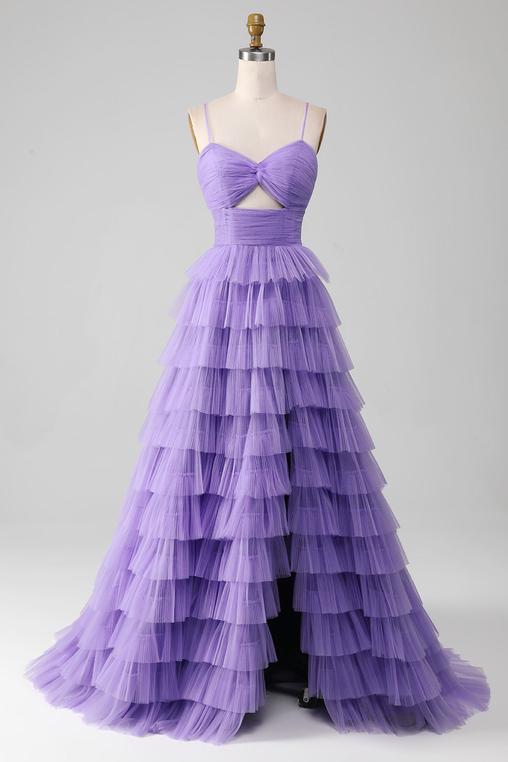 Robe de bal longue évasée en tulle violet à volants avec fente