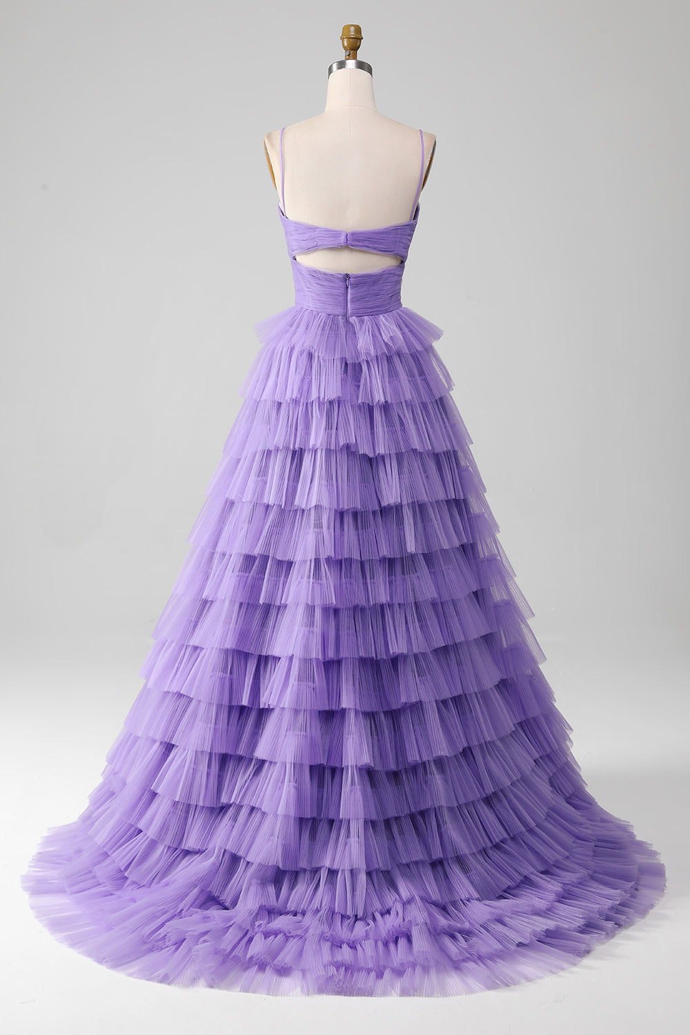 Robe de bal longue évasée en tulle violet à volants avec fente