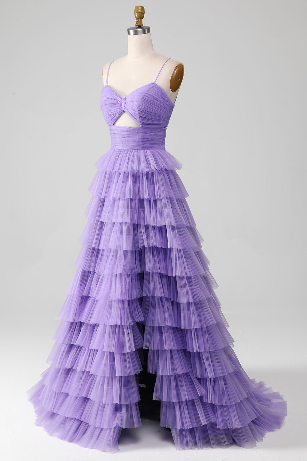 Robe de bal longue évasée en tulle violet à volants avec fente