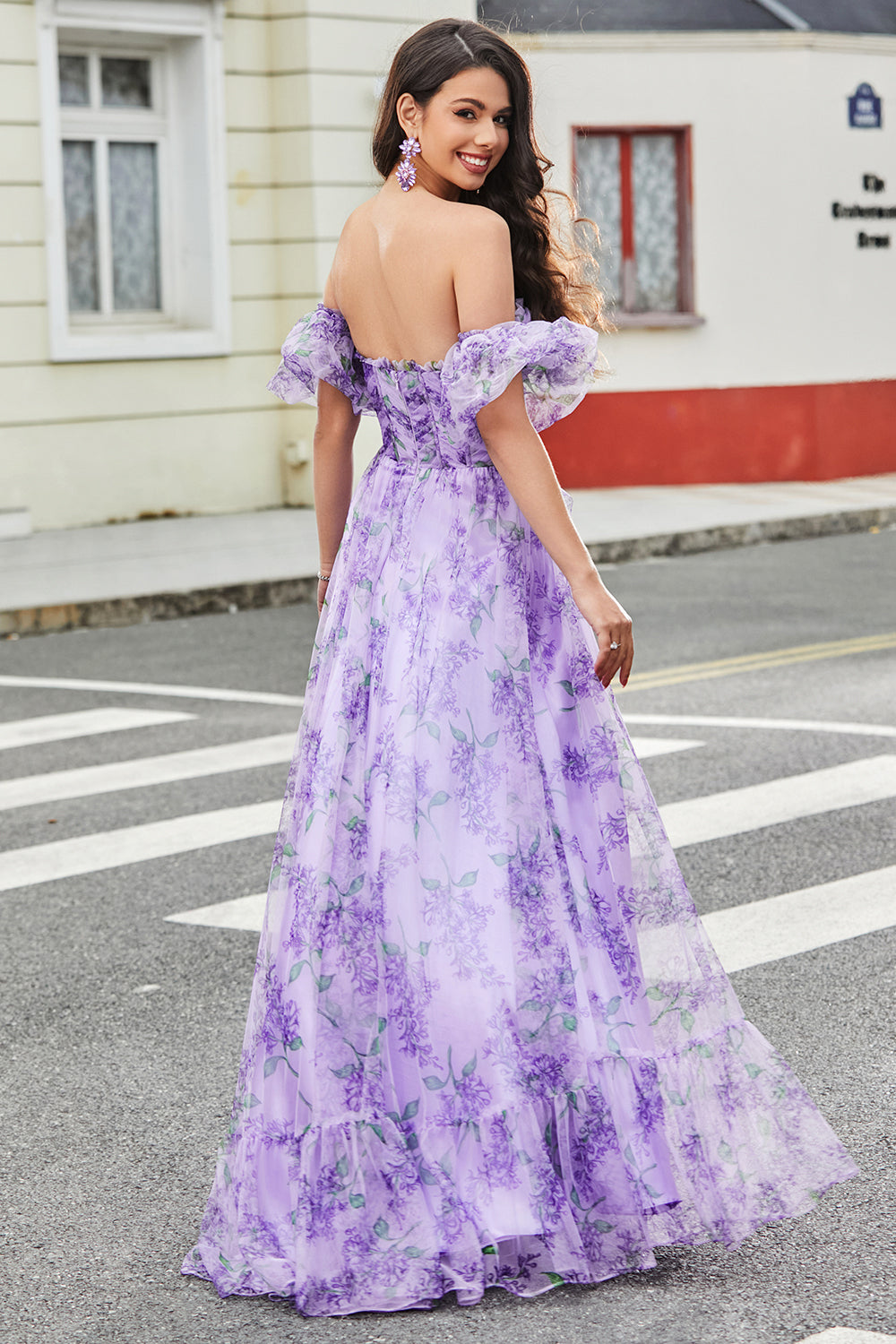 Lavender Printed A-line Prom Dress with Removable Sleeves