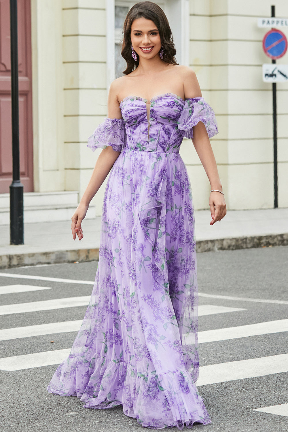 Lavender Printed A-line Prom Dress with Removable Sleeves