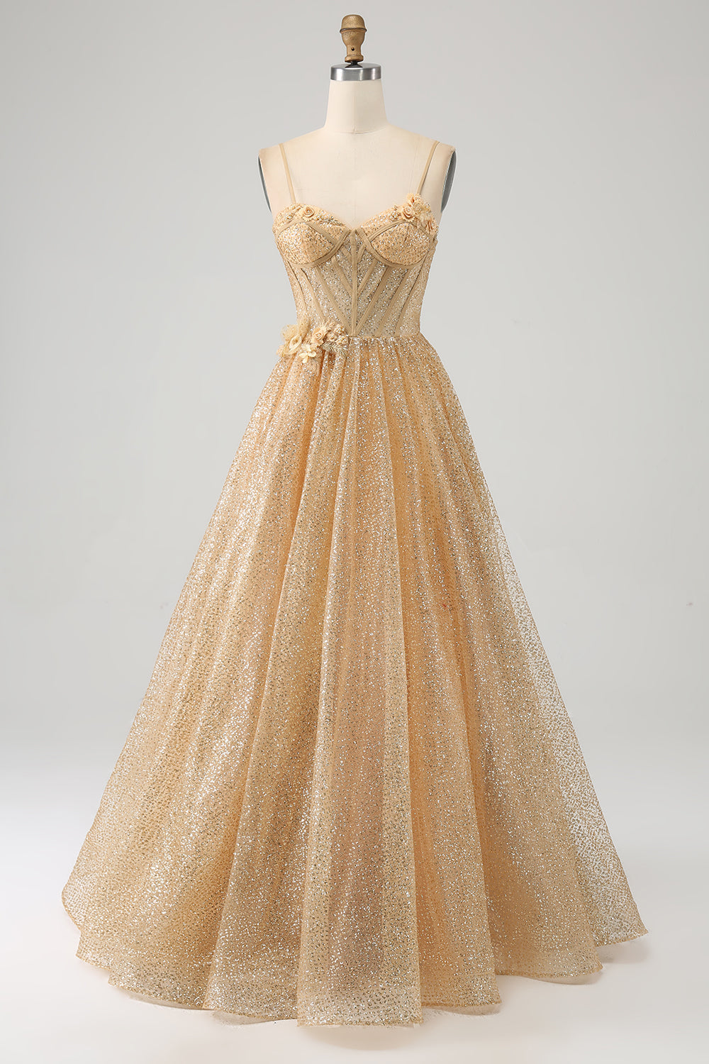 Robe de bal longue corset dorée à paillettes avec fleurs