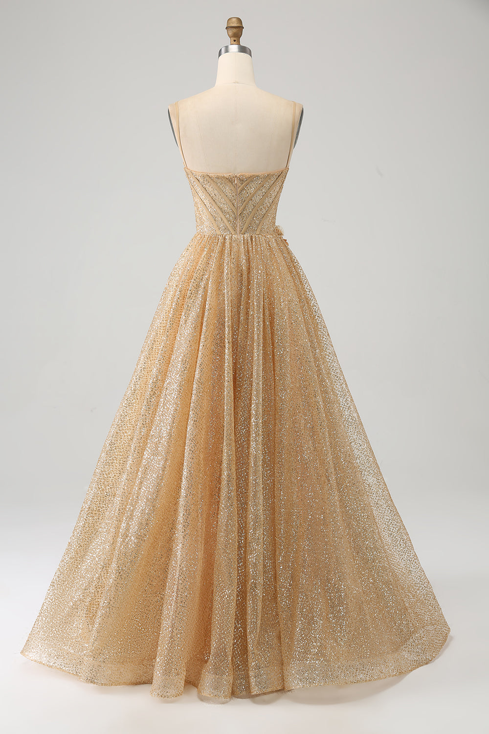 Robe de bal longue corset dorée à paillettes avec fleurs