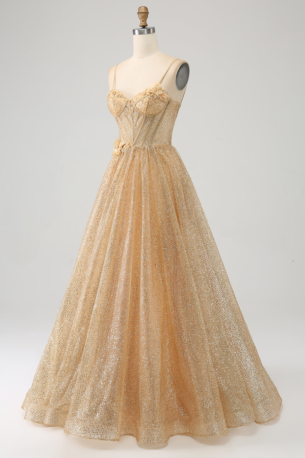 Robe de bal longue corset dorée à paillettes avec fleurs