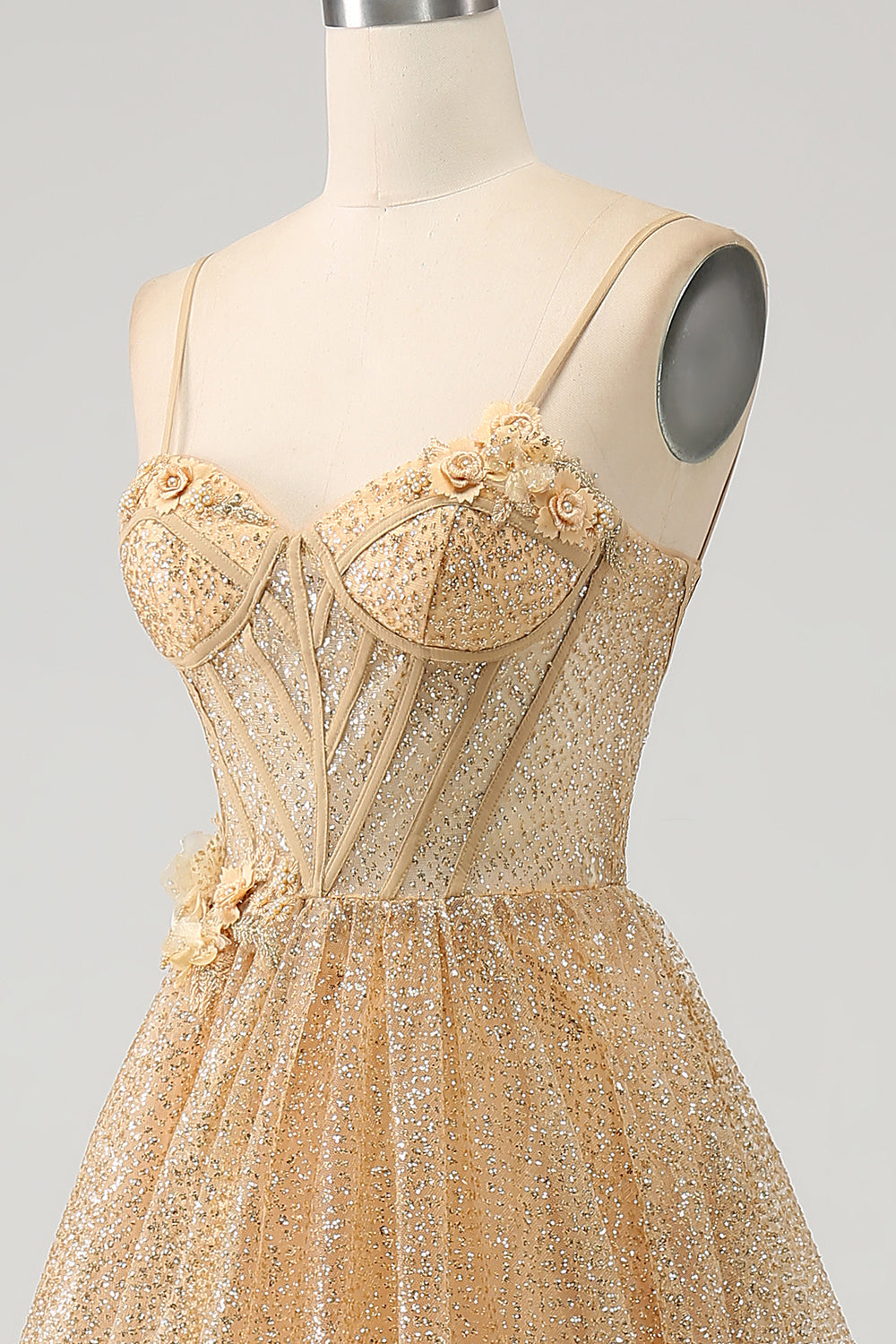 Robe de bal longue corset dorée à paillettes avec fleurs