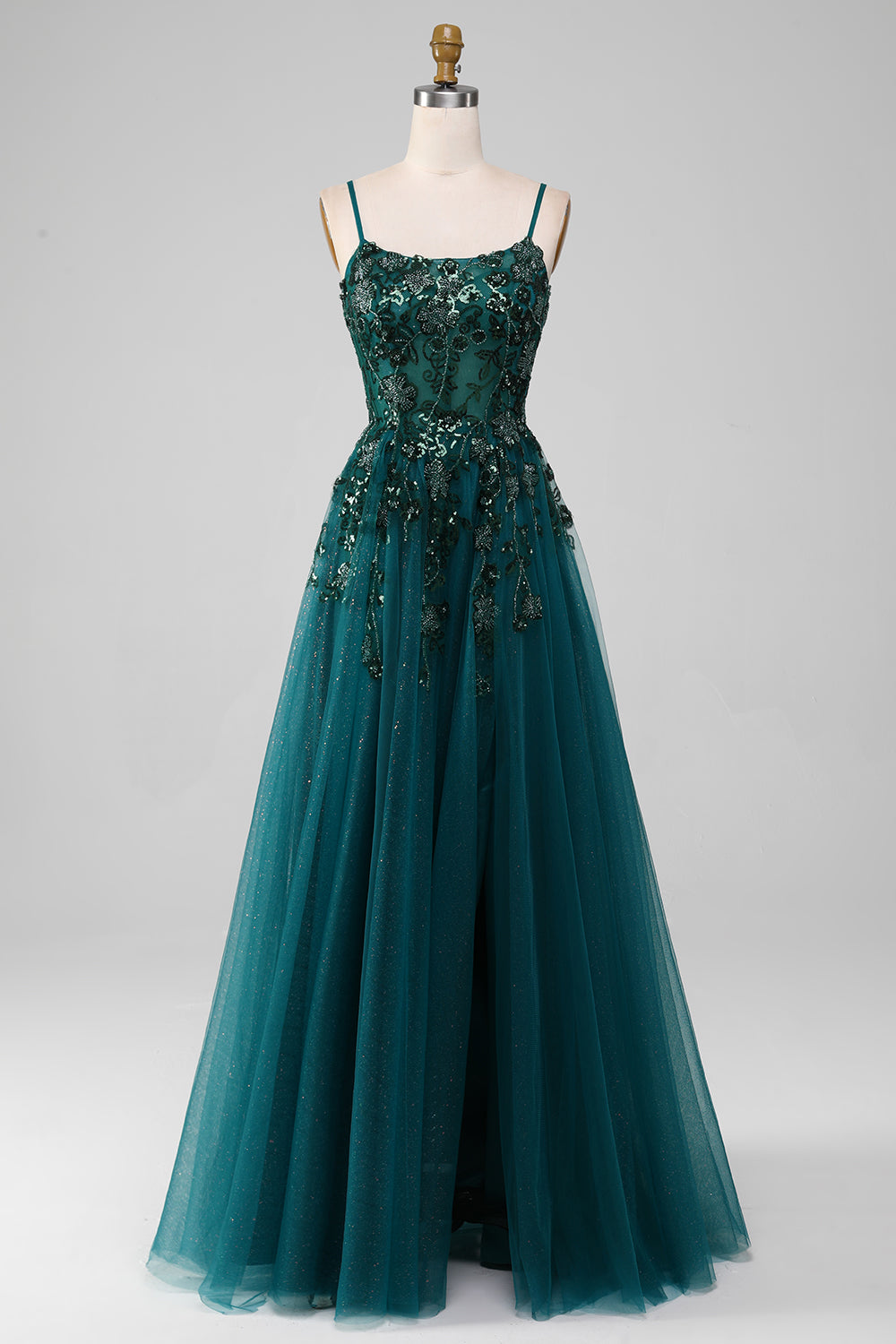 Robe de bal ligne A vert foncé à fines bretelles avec fente